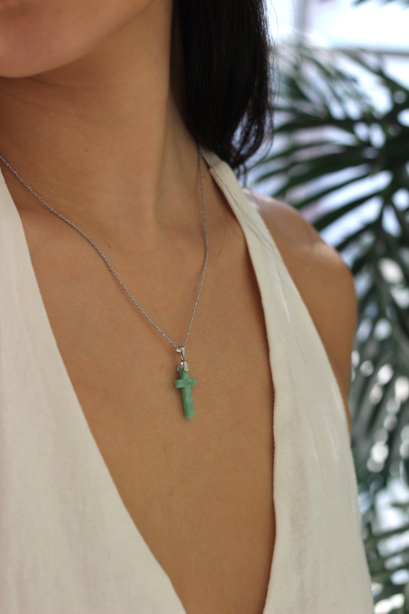 Silver Green Jade Cross Necklace