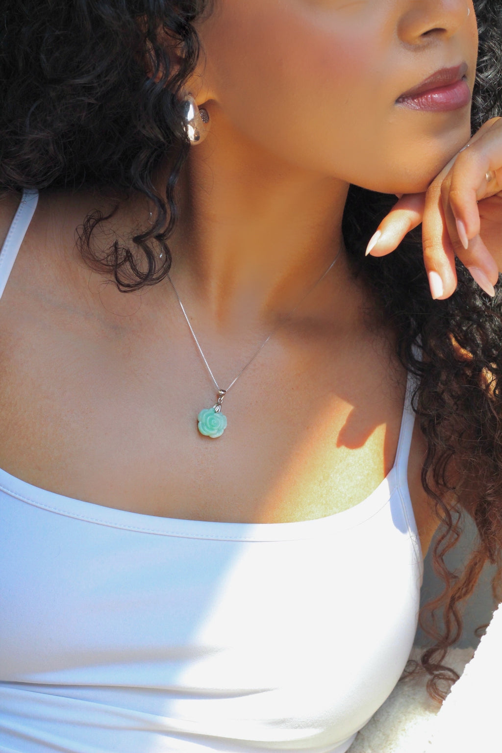 Silver Blossoming Green Rose Jade Necklace